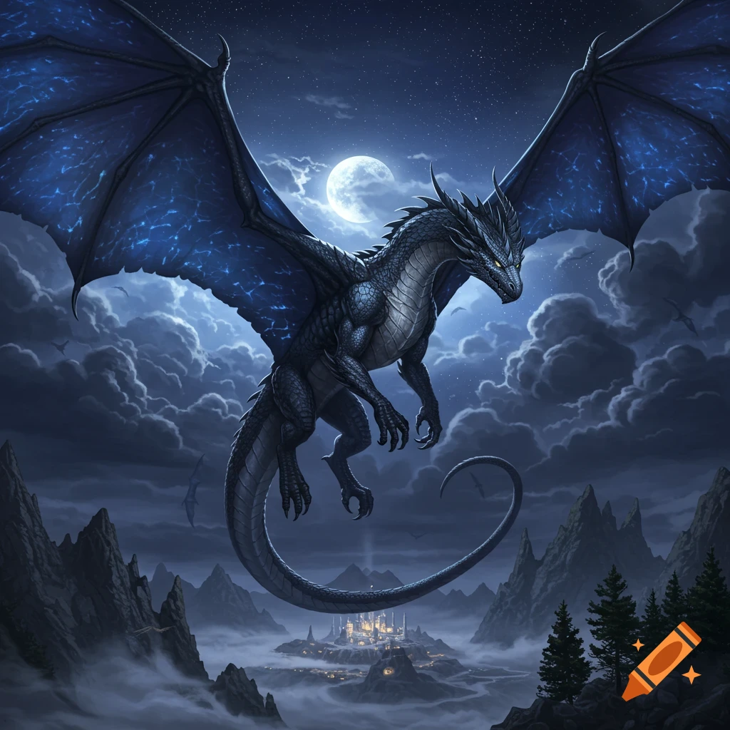 A large dark dragon with glowing blue wings flies over a misty fantasy castle under a full moon in a cloudy night sky.