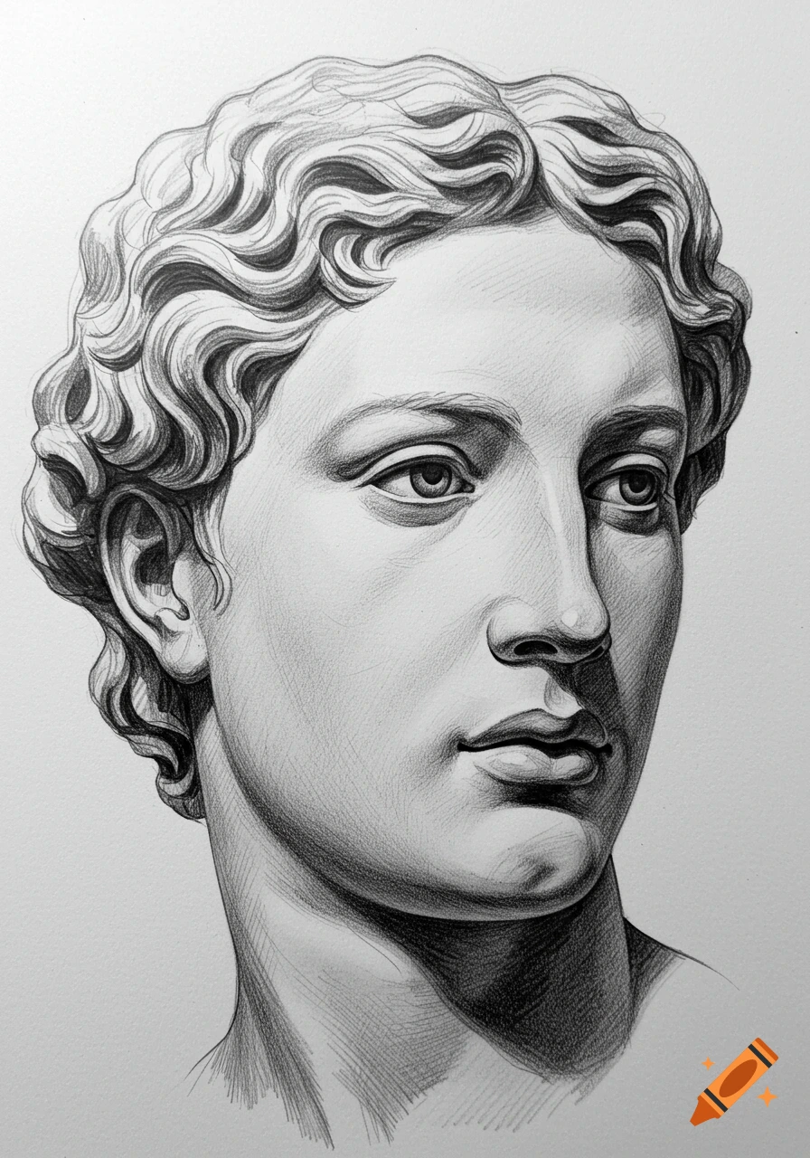 Pencil drawing of a classical style man's head with curly hair, looking right.