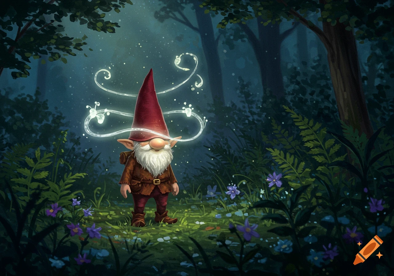 A whimsical illustration of a gnome with a red hat and white beard in a dark forest, surrounded by glowing magical trails.