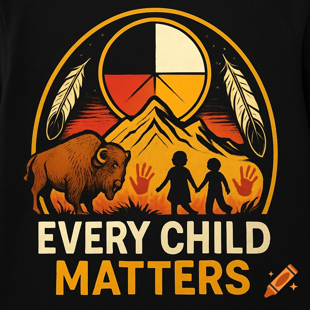 T-shirt logo with Indigenous medicine wheel, mountains, bison, feathers, two children holding hands, red handprints. Text: 'EVERY CHILD MATTERS'.
