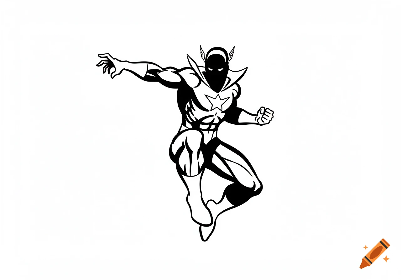 Black and white comic art illustration of a muscular superhero in a costume with a star on the chest, in a dynamic pose.