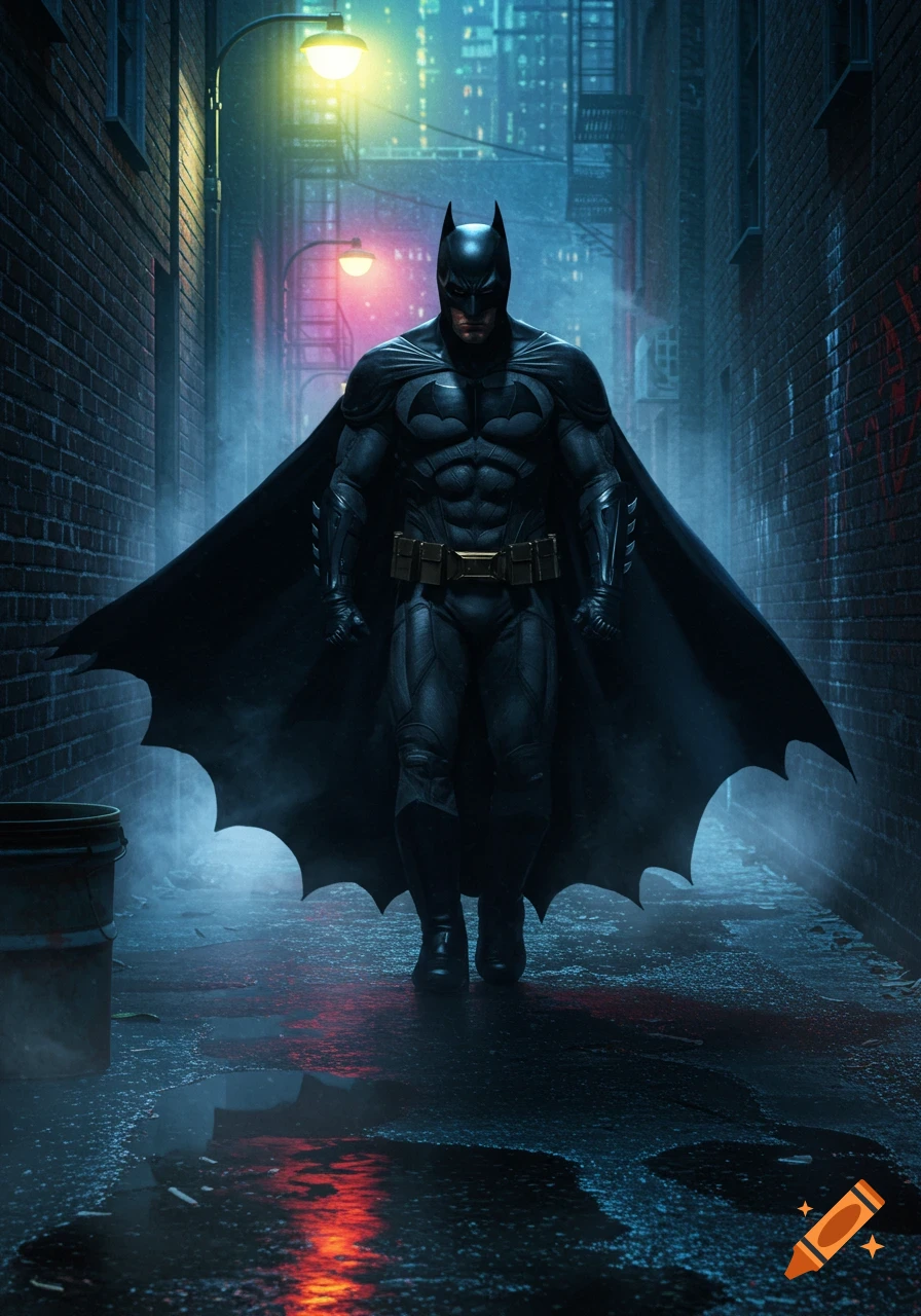 Photorealistic depiction of Batman in a dark, rainy alleyway, illuminated by a glowing street lamp and city lights in the background.