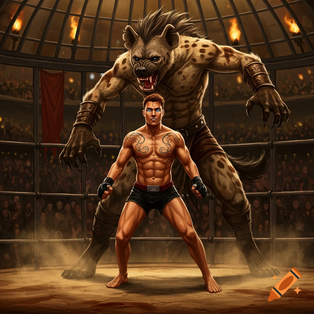 A muscular man with tattoos faces a giant hyena-man in a detailed digital art piece set in a crowded arena cage fight.