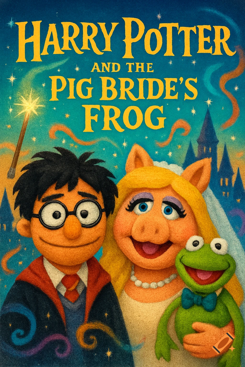 Book cover in felt-puppet style featuring Harry Potter, Miss Piggy as a bride, and Kermit the Frog, titled 'Harry Potter and the Pig Bride's Frog'.