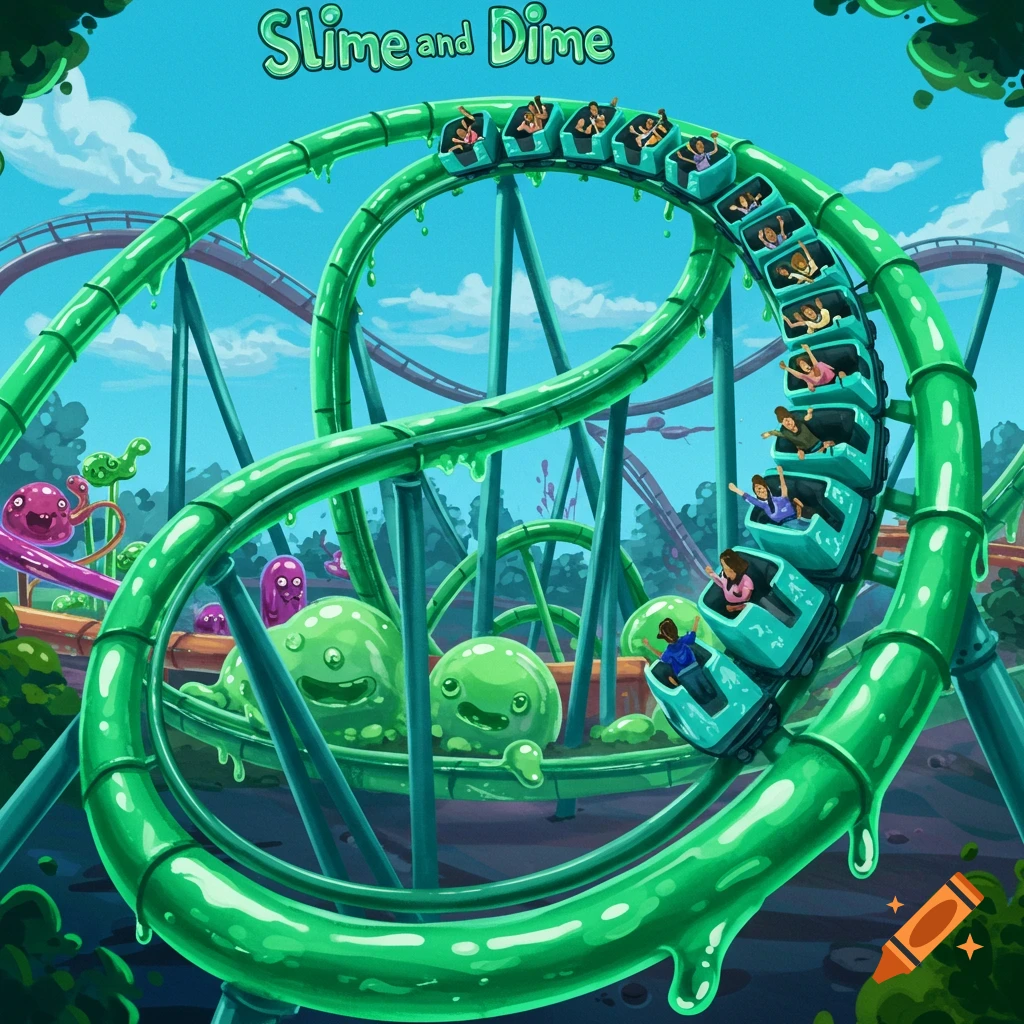 A vibrant illustration of a green, slime-covered roller coaster with riders and cheerful slime monsters in an amusement park, with "Slime and Dime" at the top.