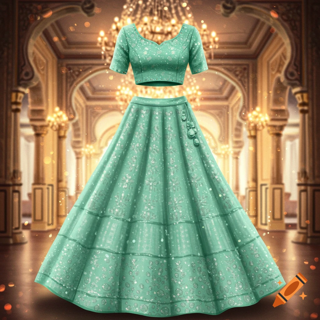 A mint-green lehenga with silver accents and tassels, displayed in a grand, chandelier-lit hall.