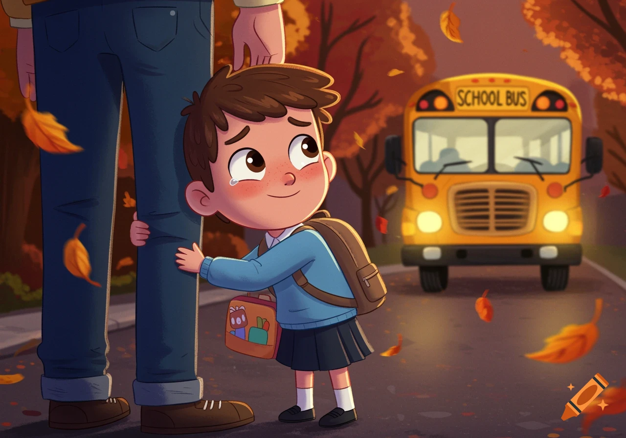 Cartoon illustration of a young child, teary-eyed but smiling, hugging an adult's leg as a school bus approaches in an autumn setting.