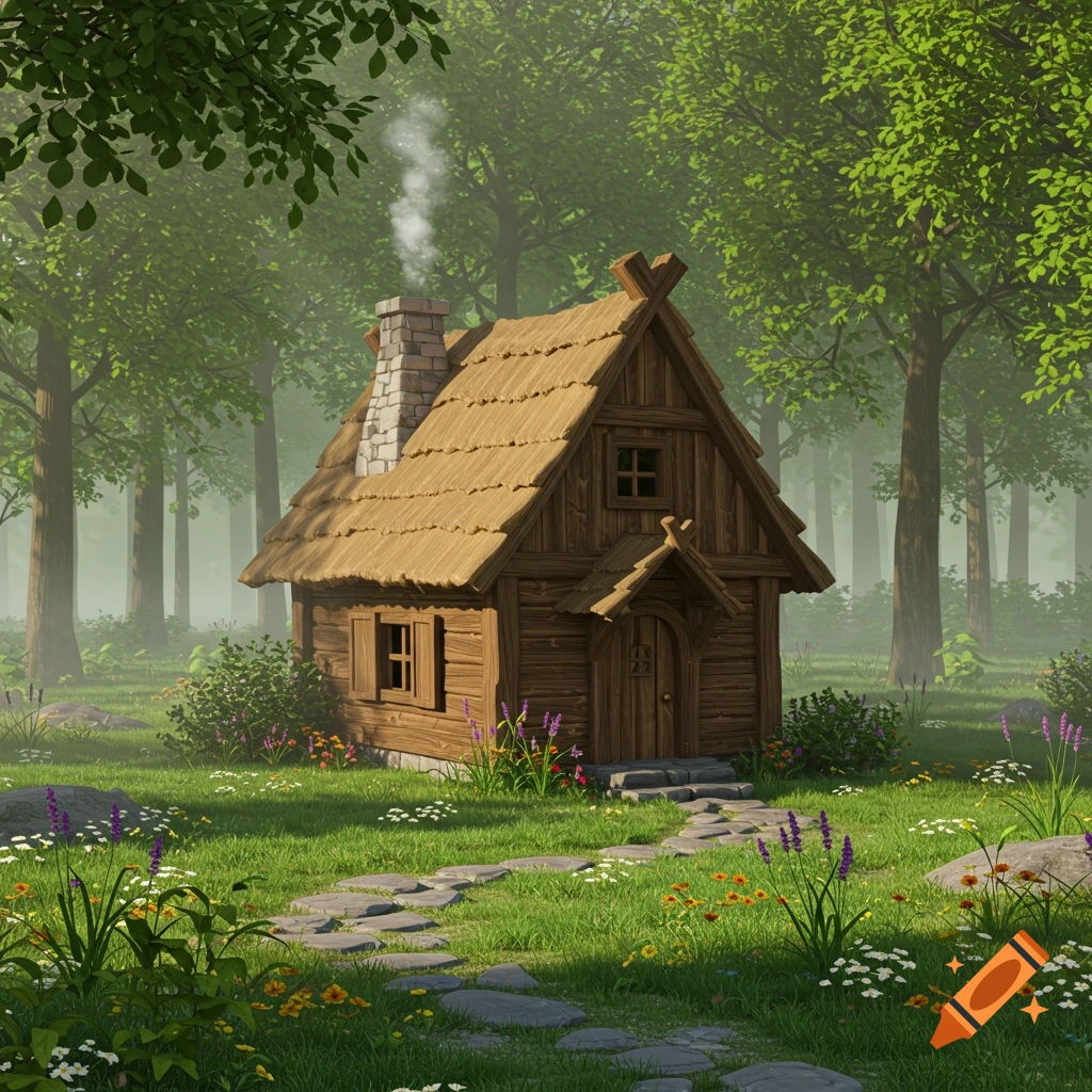 A charming, stylized wooden cottage with a thatched roof in a lush green forest with wildflowers and a stone path.