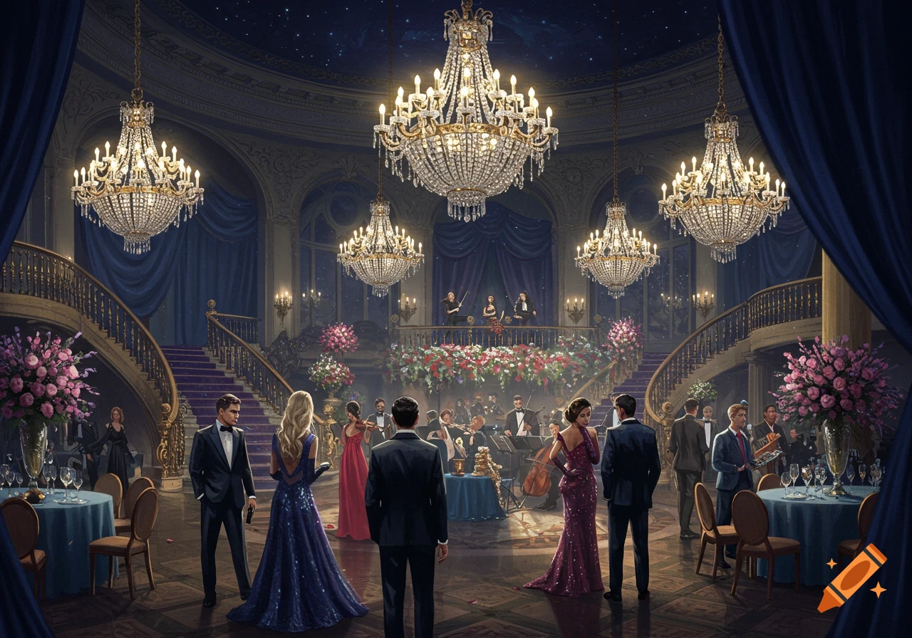An elegant formal ball in a grand ballroom with large chandeliers, people in gowns and tuxedos, and an orchestra.