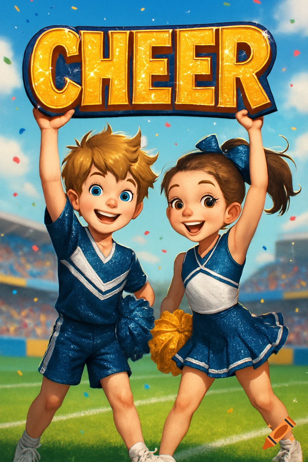 Animated boy and girl cheerleaders in blue uniforms, holding a 'CHEER' sign in a stadium.