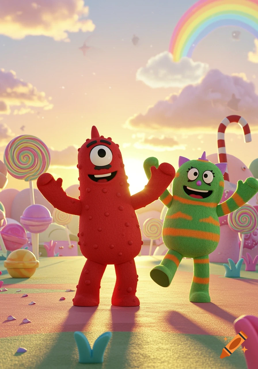 Red and green cartoon monsters in a vibrant candy land with lollipops, a rainbow, and a sunset.