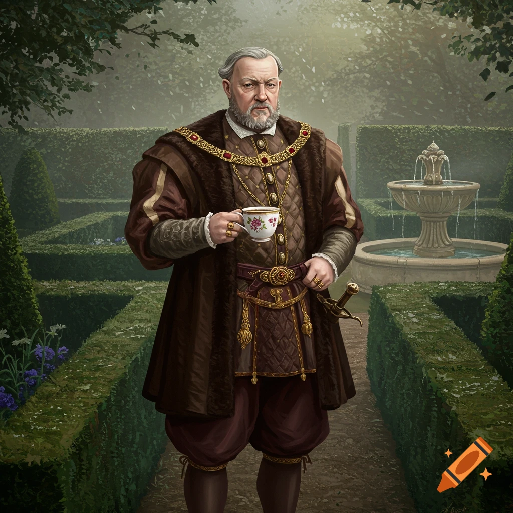 A detailed portrait of an elderly man with a beard, dressed in regal, historical attire, holding a teacup in a formal garden.