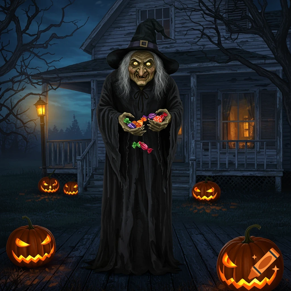 A scary old witch in a black robe offers candy on the porch of an old house, surrounded by glowing jack-o'-lanterns at night.