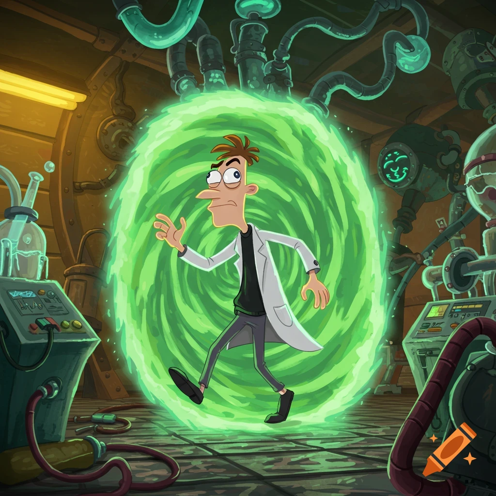 Dr. Doofenshmirtz in Phineas and Ferb style steps out of a glowing green portal in a cluttered science lab.