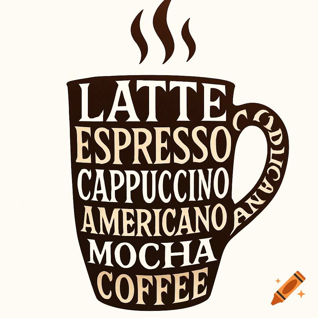A brown coffee mug shape made from words like Latte, Espresso, Cappuccino, and Americano, with steam, on a white background.