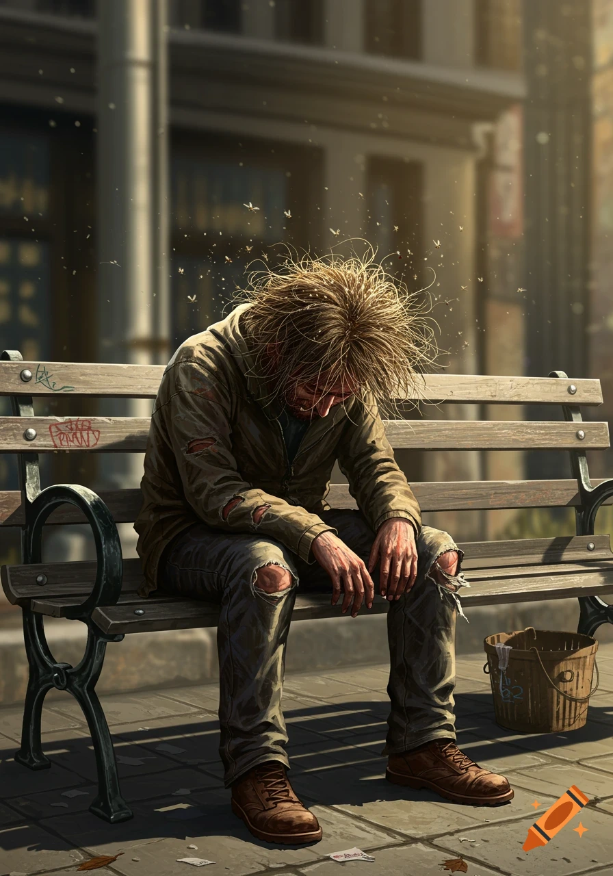 Photorealistic illustration of a disheveled man with flies around his head, sitting slumped on a park bench in an urban setting.