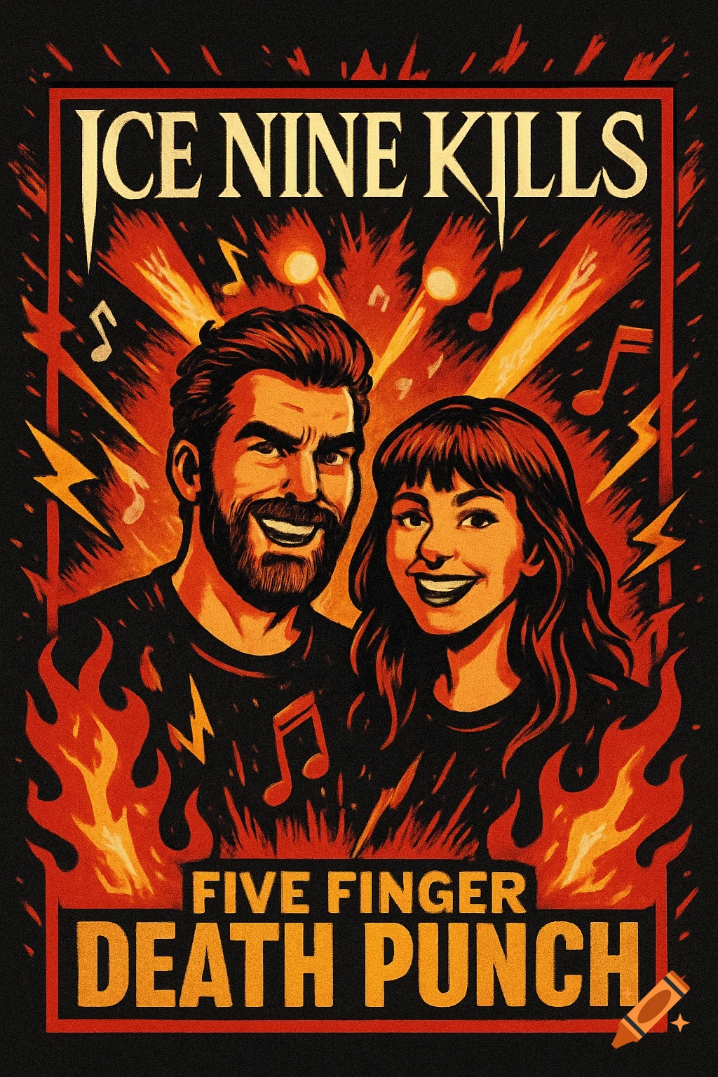 Comic book style concert poster featuring two smiling people surrounded by flames, lightning, and musical notes. 'ICE NINE KILLS' at top, 'FIVE FINGER DEATH PUNCH' at bottom.