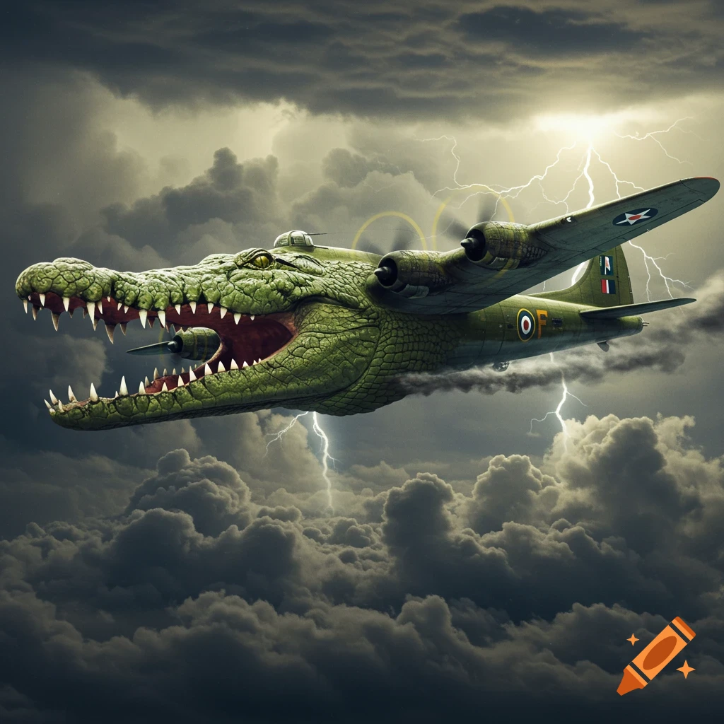 A green crocodile-headed bomber plane flies through a dark, stormy sky with lightning.