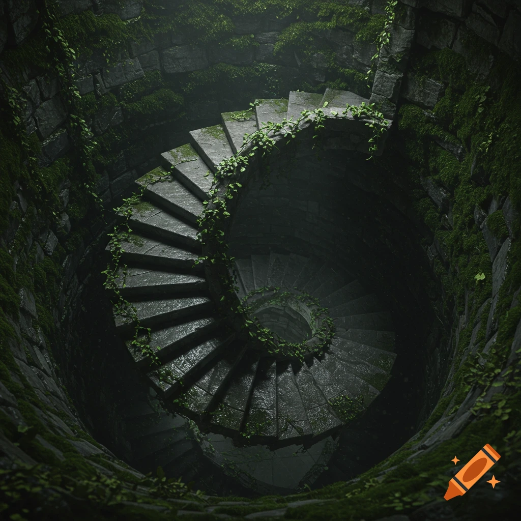 A dark, photorealistic spiral stone staircase covered in green moss descends into a deep, mysterious pit.