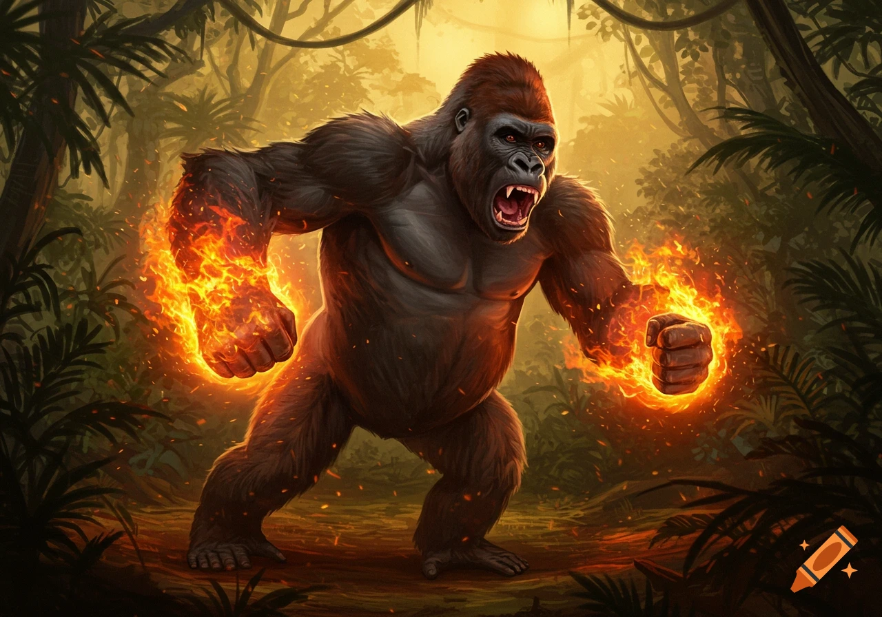 A powerful gorilla with glowing fiery fists roars in a lush, golden-lit jungle.