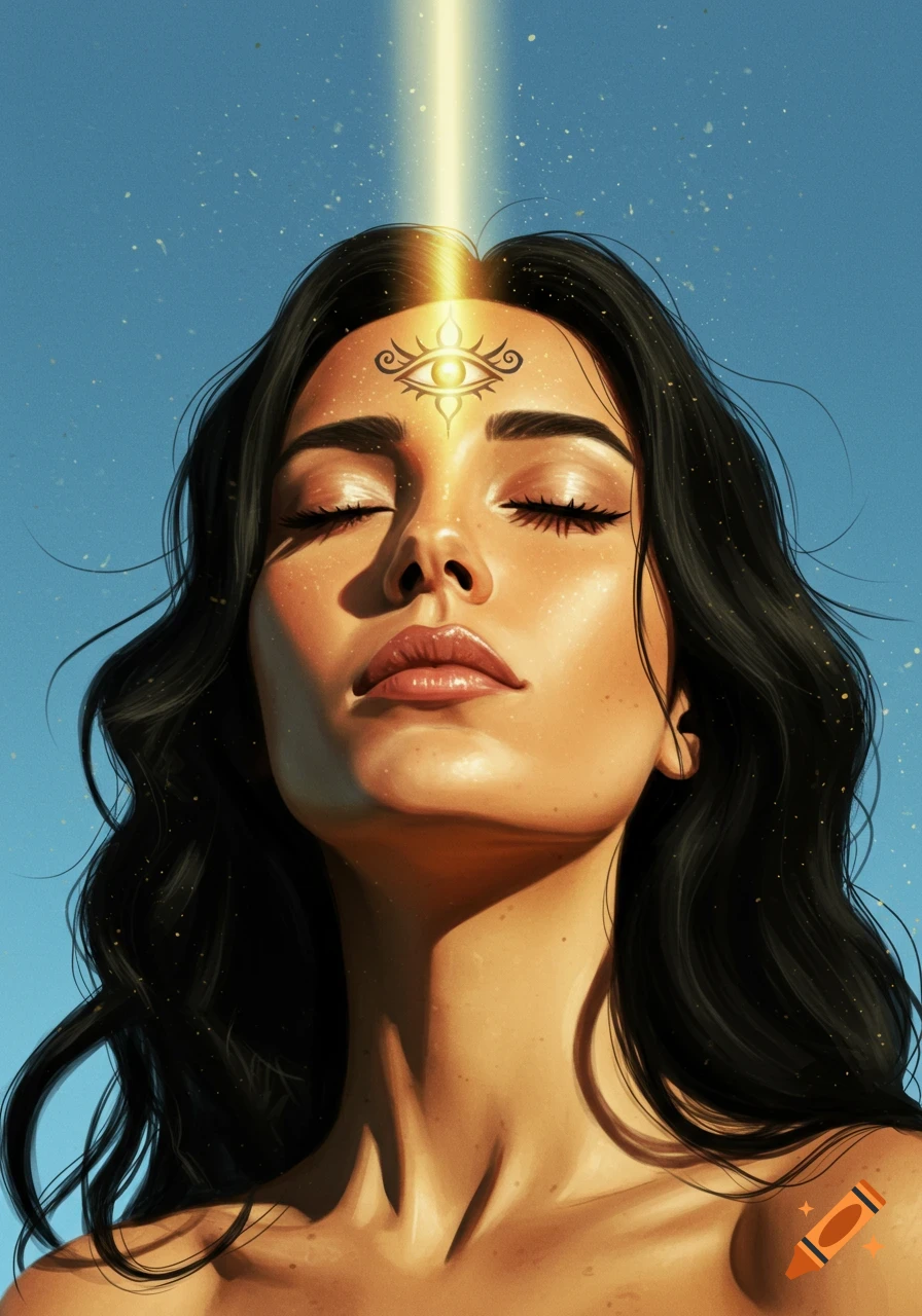 Digital illustration of a woman looking up with closed eyes, sunlight on her face, and an illuminated third eye symbol on her forehead.