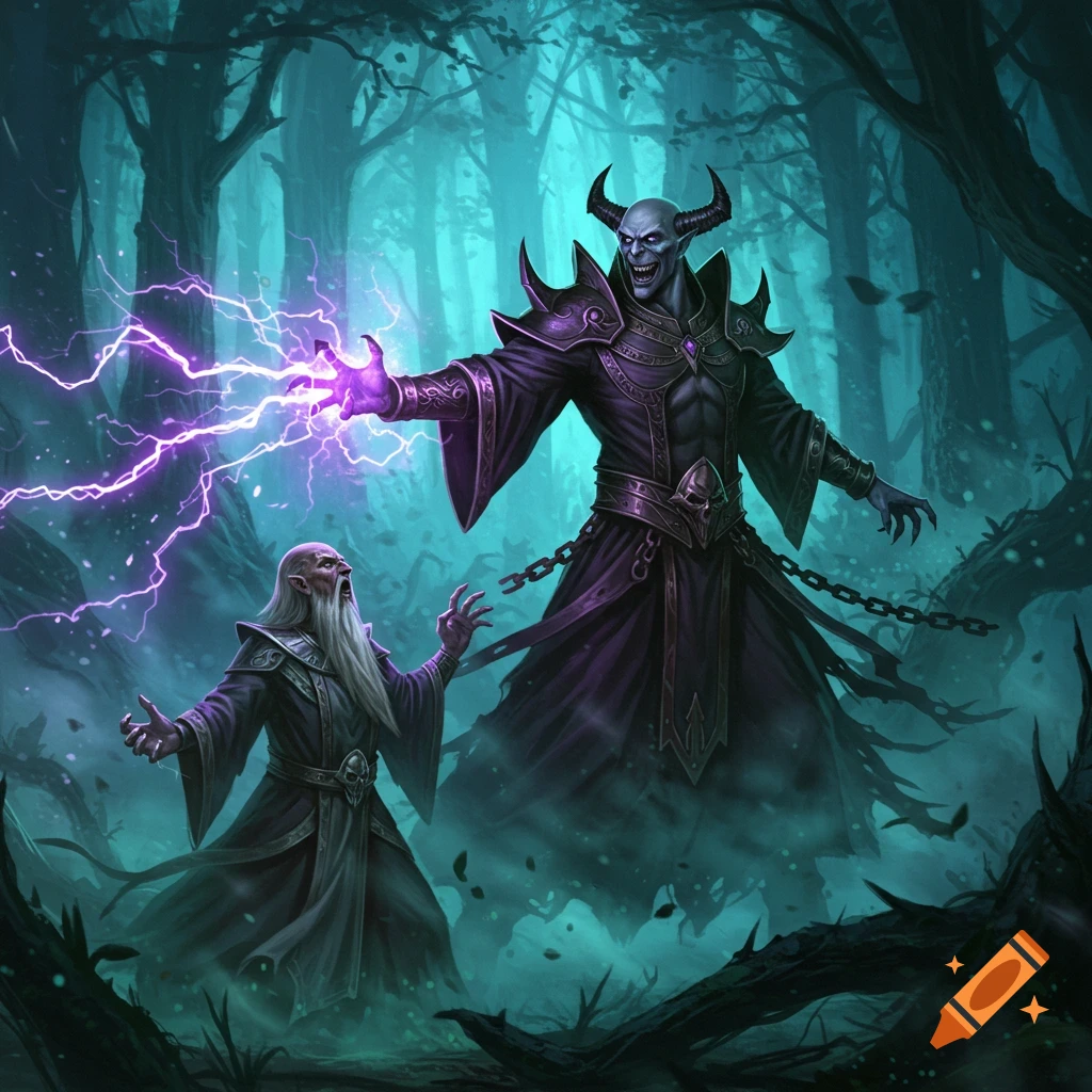 A horned dark sorcerer casts purple lightning at an old wizard in a mystical, dark forest. Digital art.