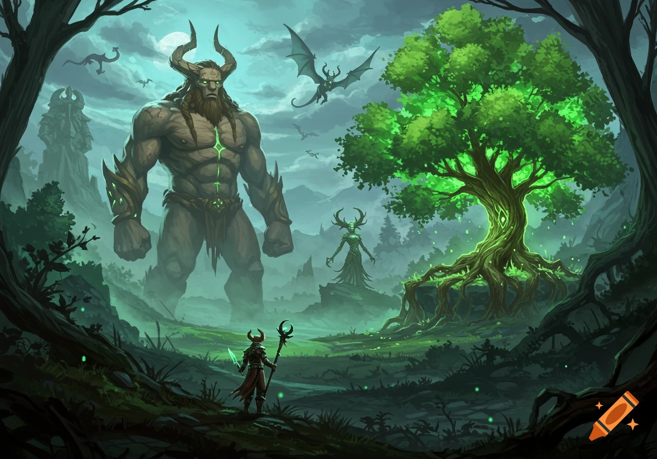 A colossal horned giant stands in a misty, magical forest with a glowing tree, a small warrior, and dragons flying in the sky. Fantasy digital art.