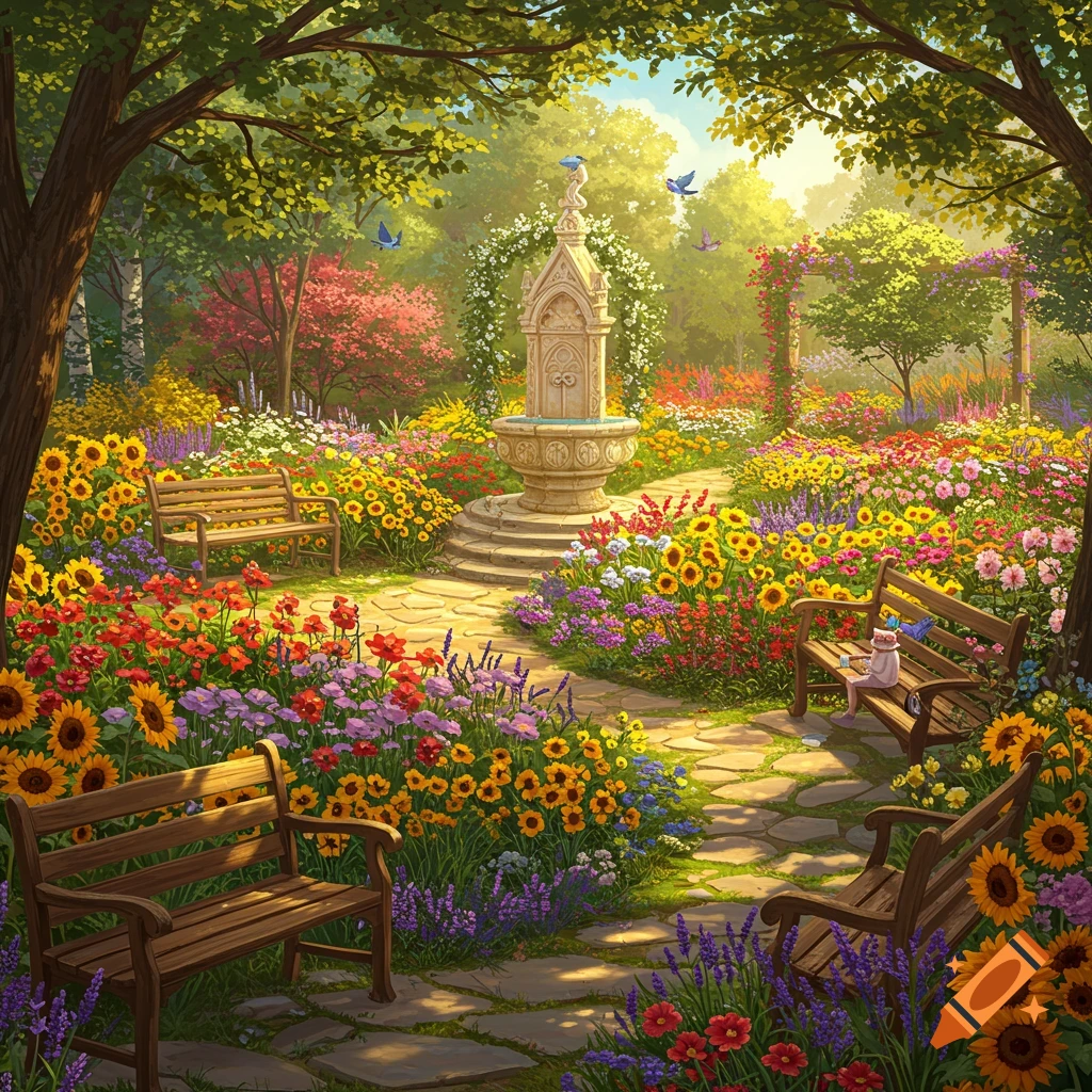 A vibrant, colorful garden with a stone fountain, lush trees, flower beds, winding stone paths, and wooden benches.