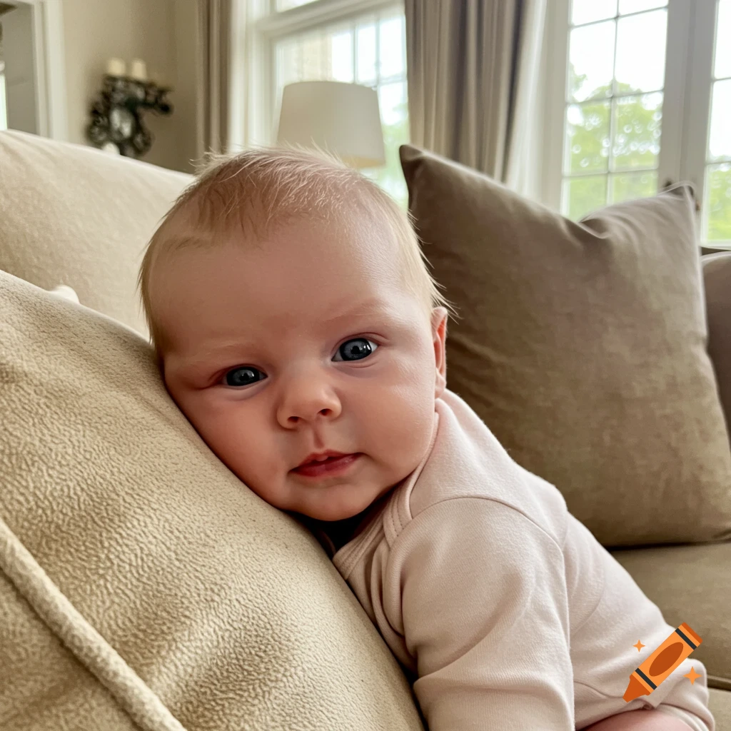 A photorealistic image of a newborn baby with blonde hair and blue eyes, wearing a onesie, lying on a couch and leaning against a cushion.
