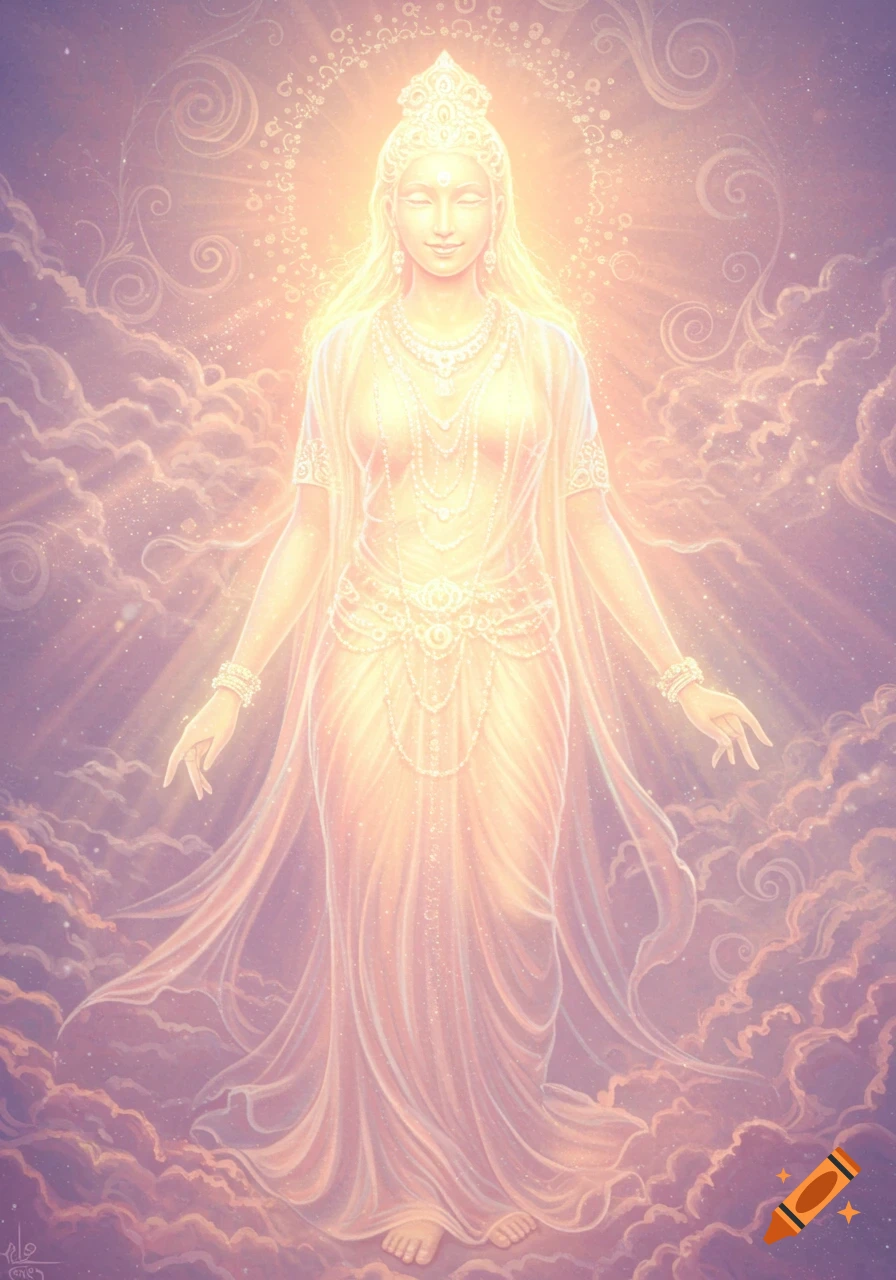 A serene, glowing female deity with long hair and elaborate jewelry floats in ethereal light and clouds.
