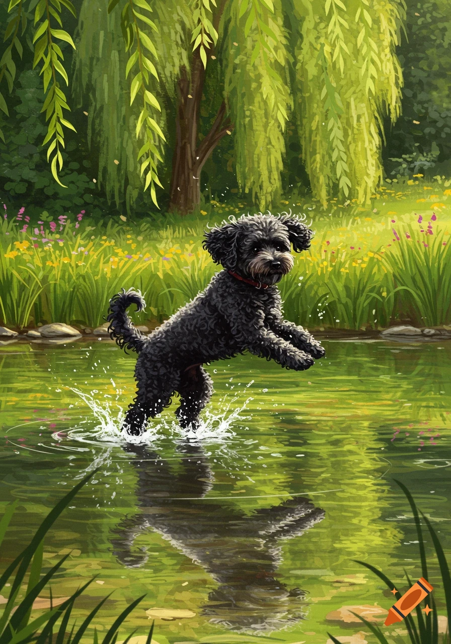 A black cockapoo jumps into a pond, splashing water, surrounded by green foliage and yellow flowers, in a painterly style.