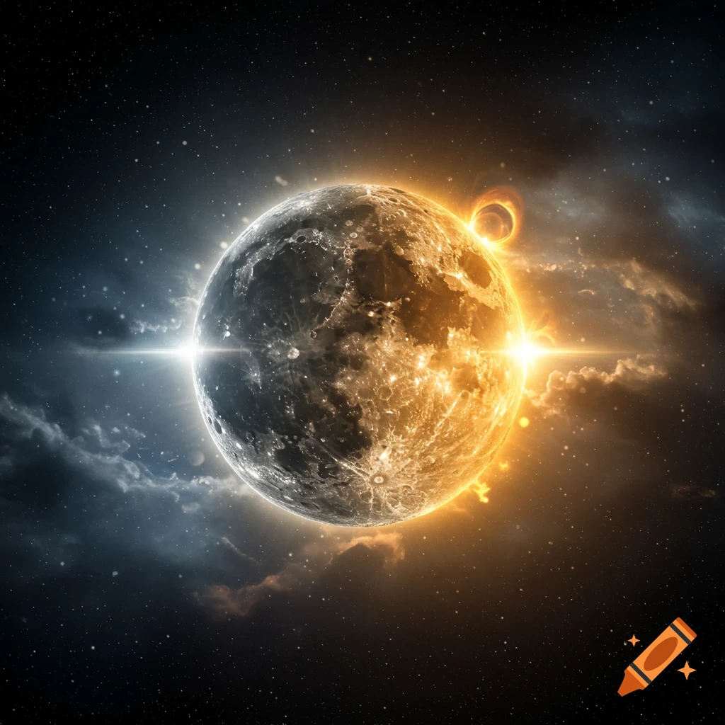A celestial body resembling the moon, partially glowing with a fiery orange and white light like the sun, in deep space with stars and nebulae.
