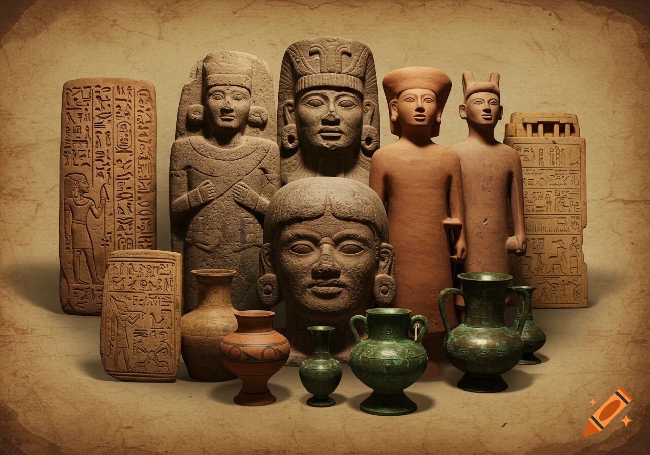 A realistic collection of ancient stone statues, hieroglyphic tablets, terracotta, and bronze pottery on a textured background.