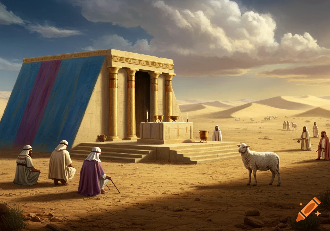 A realistic illustration of the biblical tabernacle in a vast desert, with robed figures and a white lamb in the foreground under a cloudy sky.