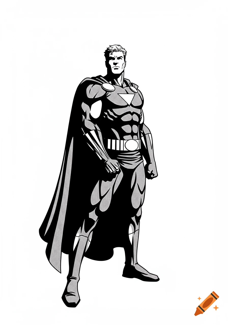 Black and white comic art illustration of a muscular male superhero in a cape, standing heroically.