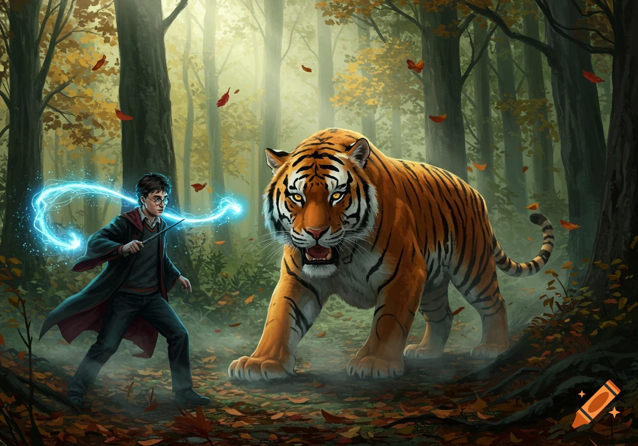 Harry Potter casts a glowing blue spell from his wand at a large tiger in an autumn forest, digital painting.