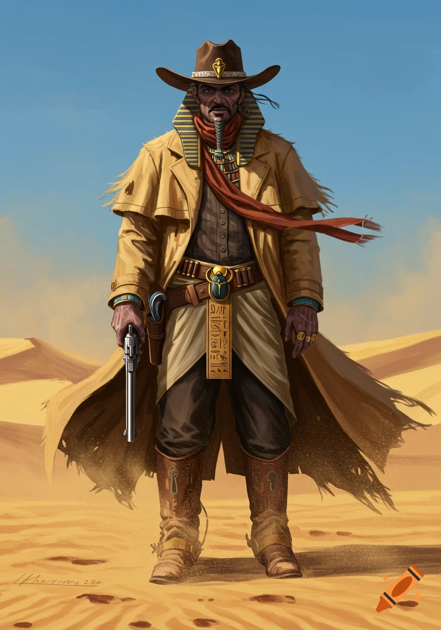 A man dressed as a cowboy with Egyptian pharaoh elements stands in a desert under a clear sky. Digital concept art.