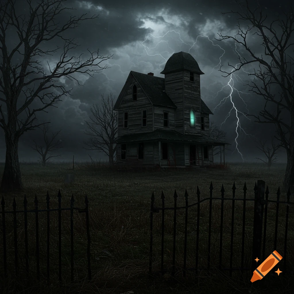 A dilapidated haunted house with a glowing window stands under a stormy sky with lightning, surrounded by bare trees and a dark iron fence.