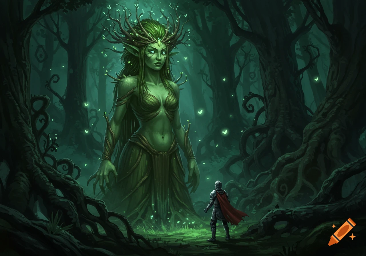 A towering green nature spirit with glowing eyes looks down at a small knight in a dark, magical forest.