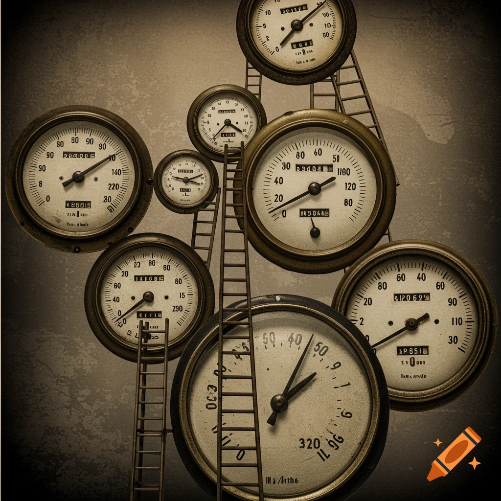 Steampunk-style image featuring multiple vintage odometers and gauges with ladders against a textured, sepia-toned background.