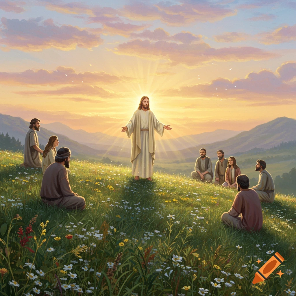 Jesus Christ, with a halo of light, teaches a group of disciples on a flower-filled grassy hill at sunset.