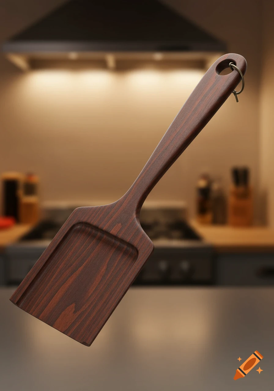 A dark wooden oven rack tool with a front notch and a handle hole, floating against a blurred kitchen background.