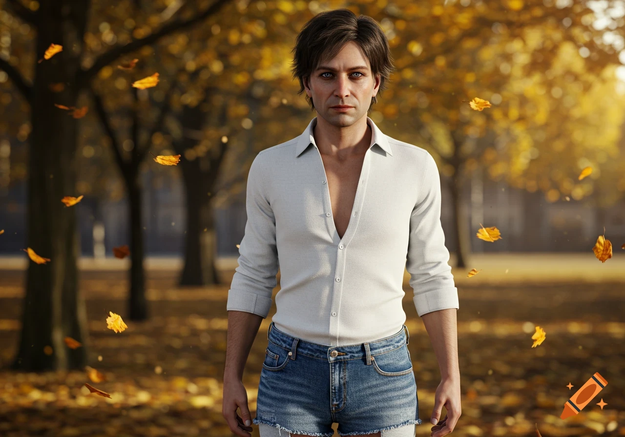 Hyperrealistic portrait of a man in an unbuttoned white shirt and denim shorts, standing in an autumn park with falling yellow leaves.