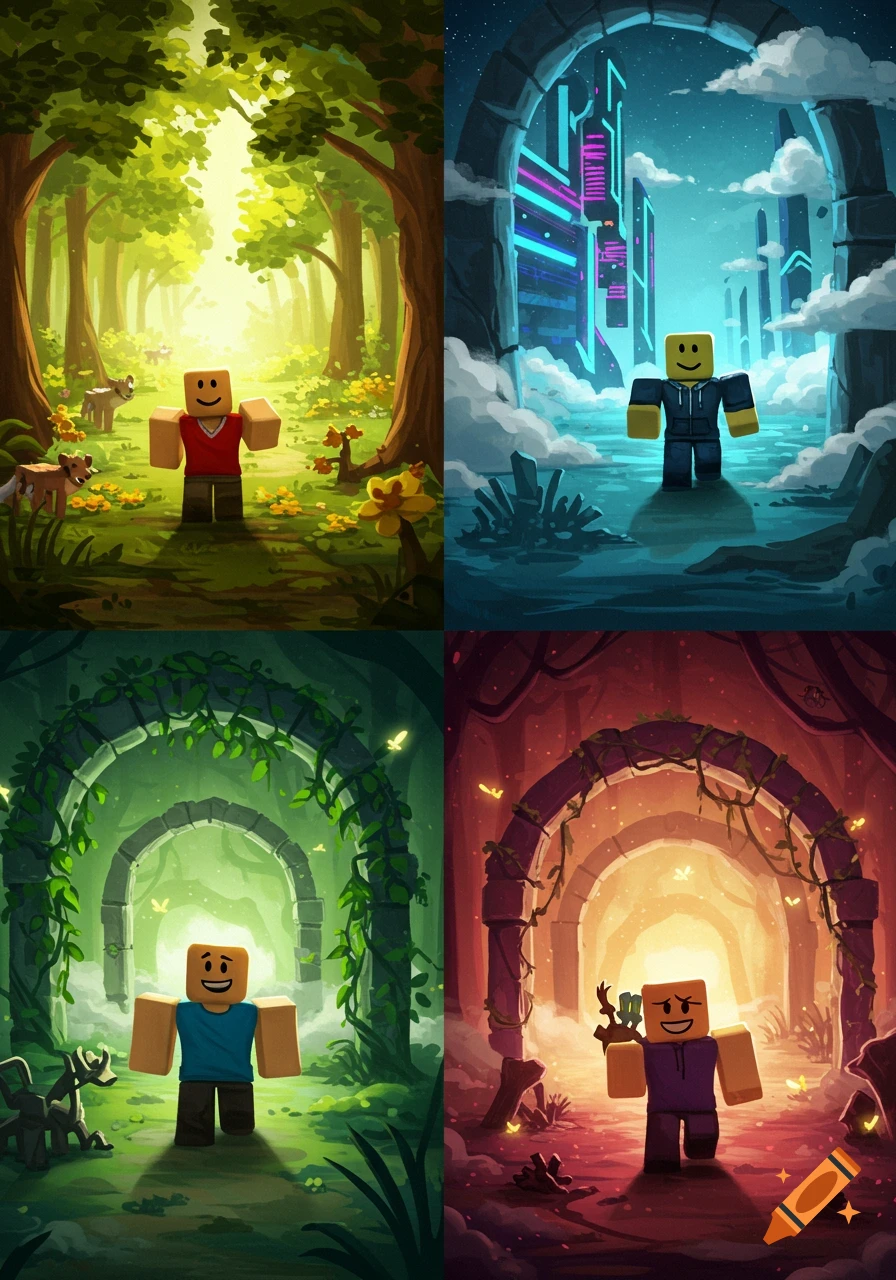 Four digital illustrations feature a Roblox noob character exploring distinct paths: a forest, a futuristic city, a green arch, and a glowing cave.