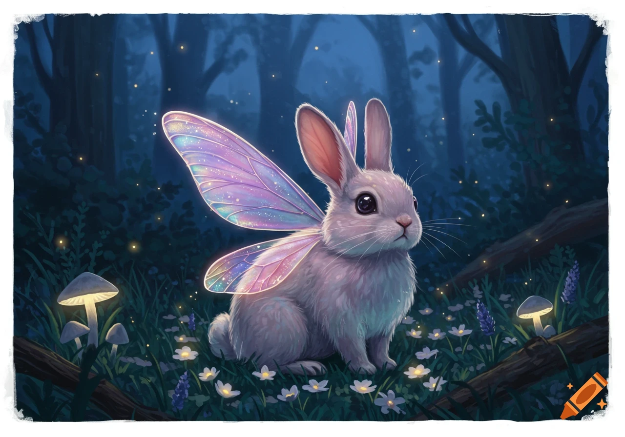 A cute fairy bunny with iridescent wings sits in a mystical, dark forest filled with glowing mushrooms and fireflies.