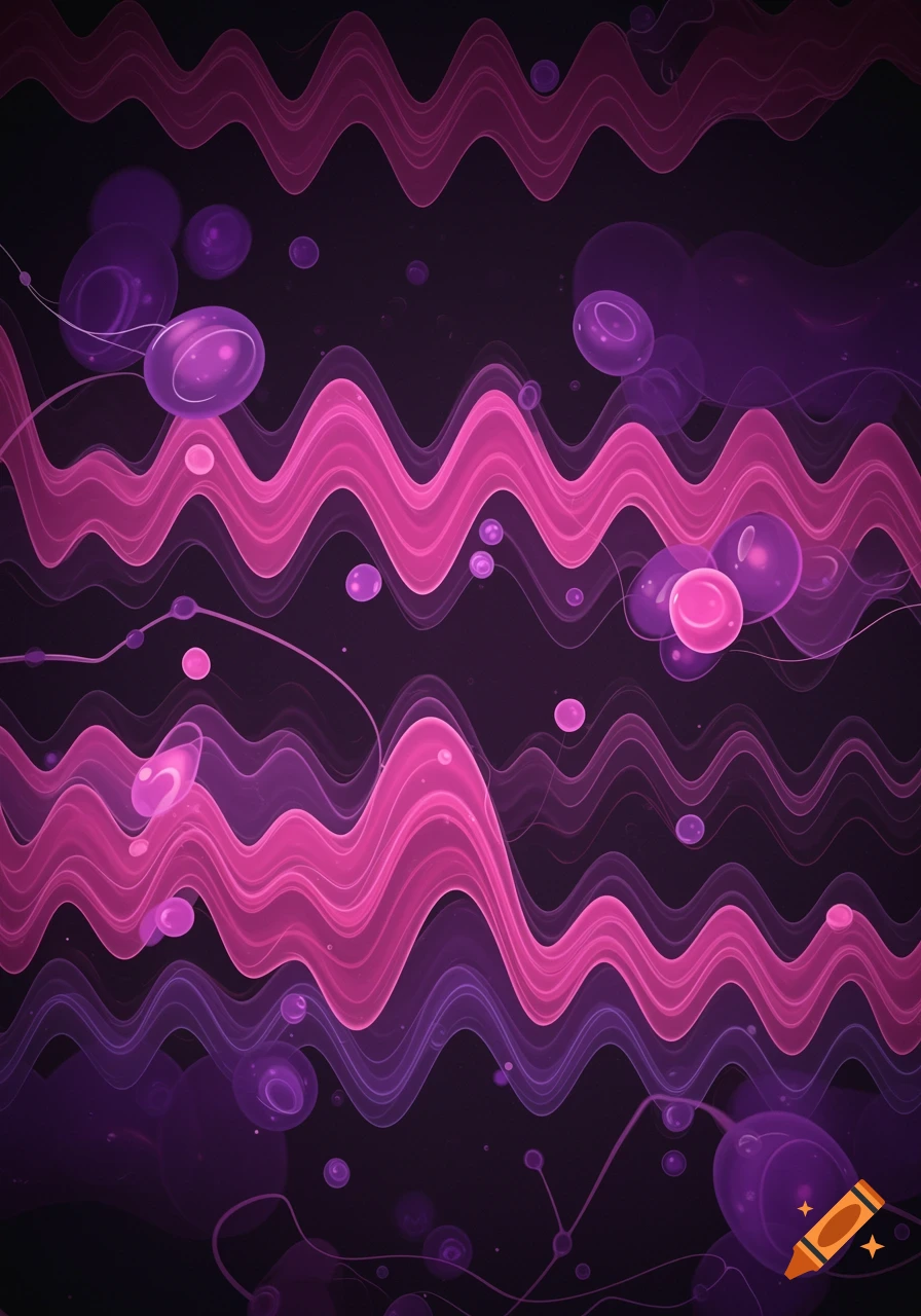 Abstract background with glowing pink and purple wavy lines and translucent bubbles on a dark purple background.