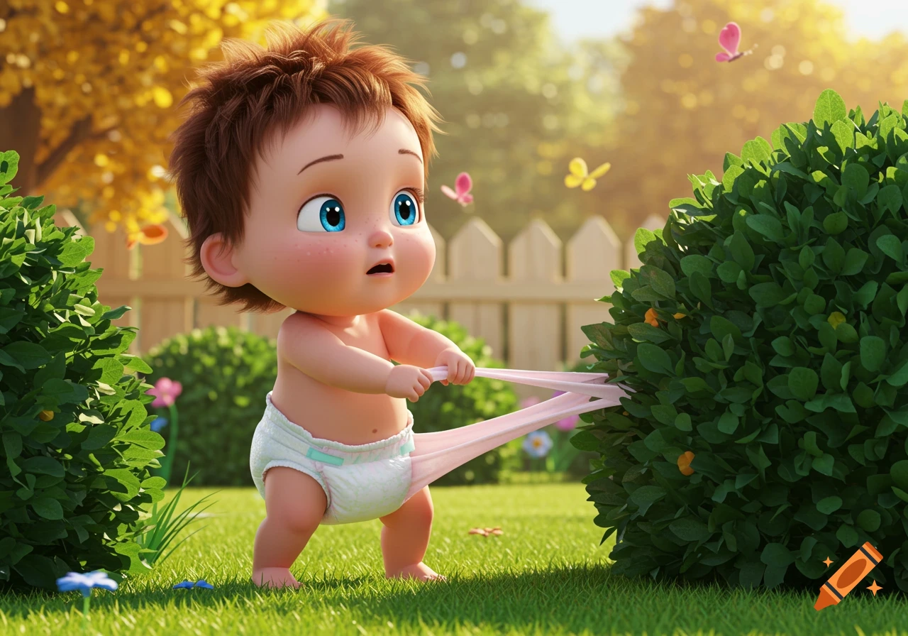 A Pixar-style cartoon toddler with blue eyes and brown hair pulls at a diaper stuck on a bush in a sunny garden.