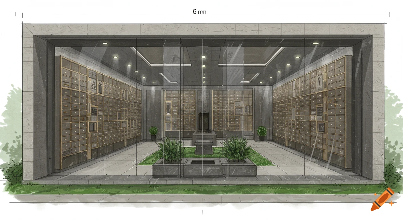 Architectural sketch of a modern columbarium with rows of niches, a central monument, and plants seen through a glass facade.