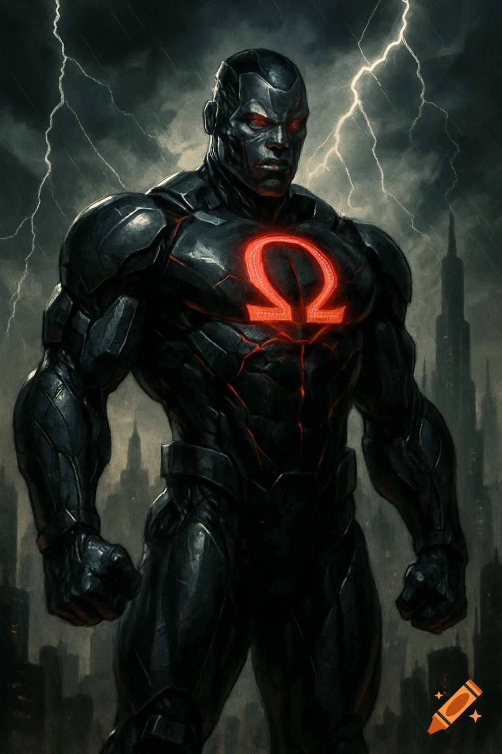 Powerful cyborg superhero in black armor with a glowing red Omega symbol, standing in a stormy city with lightning. Comic book style.