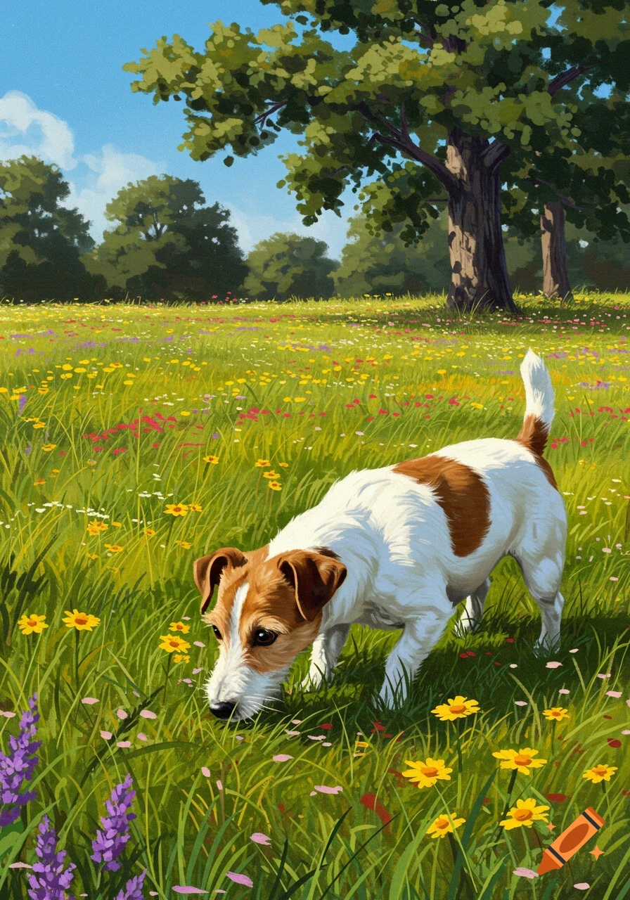 A white and brown Jack Russell terrier sniffs the ground in a vibrant field of wildflowers, rendered in a painterly style.